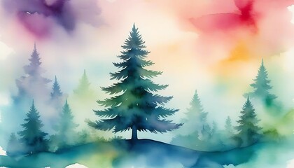 Watercolor Background with Pine Tree Silhouettes, AI Generated Images