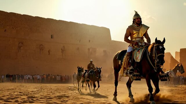 Egyptian charioteer preparing horses for battle in front of a fortress under harsh sunlight.