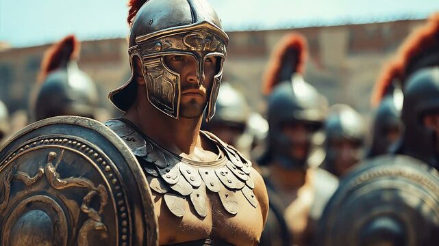 A Roman soldier stands proud in ornate armor, his face partially obscured by an intricate helmet. Behind him, fellow warriors form ranks, their shields and helmets gleaming in the sunlight.