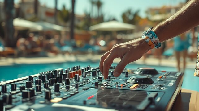 DJ is mixing music with deejay controller at outdoor summer pool or beach party - nightlife people lifestyle concept