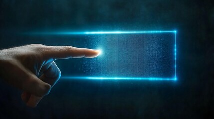Businessman finger touching digital bank glowing hologram and empty background