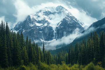 Obraz premium A photograph of the majestic mountain covered in snow surrounded by dense, green forest