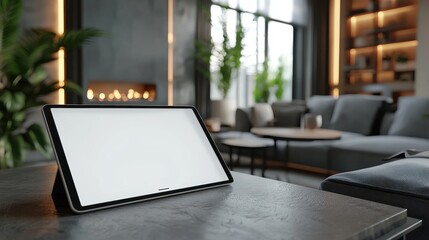 Tablet with white screen on a sleek table in a modern living room
