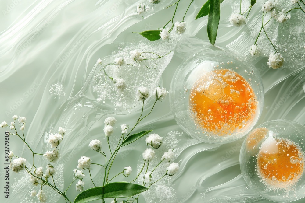 Poster green background with transparent globes and delicate white flowers creating a serene and artistic c