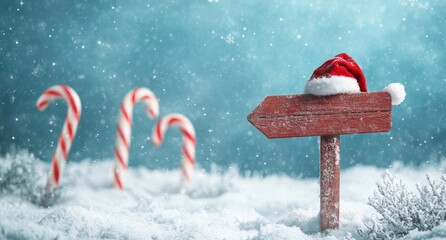 Red Signpost with Santa Hat in Snowy Landscape
