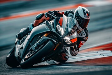 Motorcycle racer skillfully navigating a curve at a thrilling motorsport event in bright weather