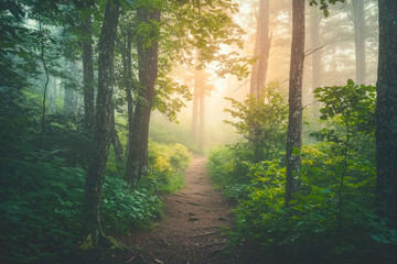 Fototapeta premium Misty Morning Hike through Dense Forest, Exploring the Enchanted Mountain Path.