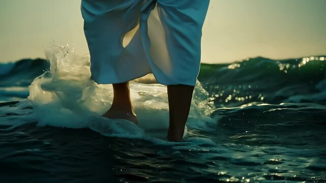 Graceful feet stepping lightly on turbulent waves with the dark sea swirling below, creating a serene contrast against the chaos of the water
