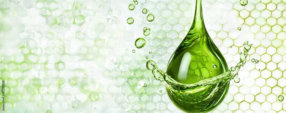 Poster green drop of water with bubbles on honeycomb pattern background representing purity and freshness