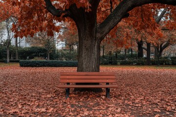 A wooden bench sits under a large tree in a park, surrounded by a blanket of vibrant red and orange fall leaves, capturing the essence of autumn in a serene outdoor setting.