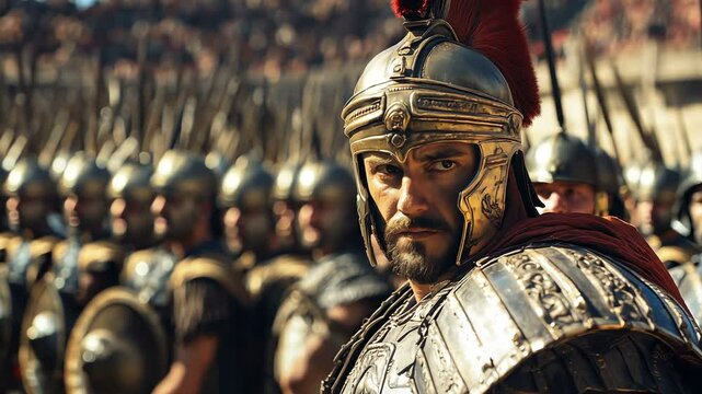A Roman centurion in gleaming armor and helmet stands at the forefront of his legion. His determined gaze and the array of soldiers behind him convey the might of the Roman army.
