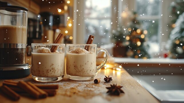 Making homemade eggnog in a festive kitchen, with nutmeg, cinnamon sticks, and holiday mugs ready for serving. 4K hyperrealistic photo.