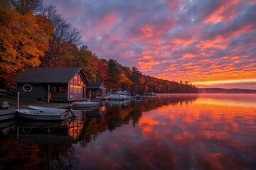 The image showcases rustic lakeside cabins immersed in striking autumn foliage with vivid sunset colors reflected in the calm waters, perfect for a serene escape.