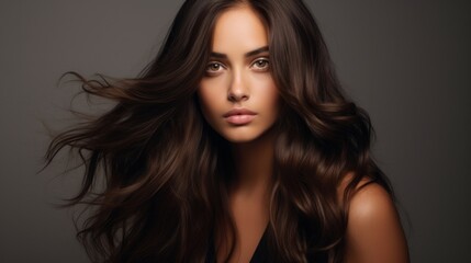 Fototapeta premium Vogue style close up portrait of beautiful woman with long curly blond hair on black background. Neural network ai generated art