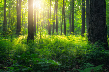 Obraz premium Serene Sunlit Forest with Lush Green Undergrowth, Peaceful Woodland Landscape.