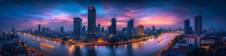 Obraz premium A vibrant cityscape of Bangkok at dusk, showcasing the tall buildings and modern architecture along the Chao Phraya River with traffic light trails