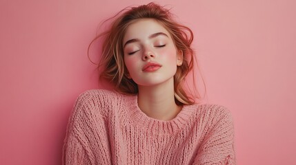 Fototapeta premium Photo of dreamy pretty lady dressed knitted pink shirt closed eyes arms cheeks empty space