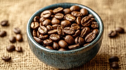 Fototapeta premium A bowl filled with roasted coffee beans, with a few beans spilled over onto a burlap cloth backdrop