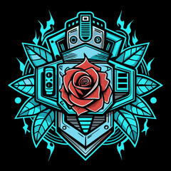 Dieselpunk print for t-shirt design featuring a mechanical red rose surrounded by leaves on black background