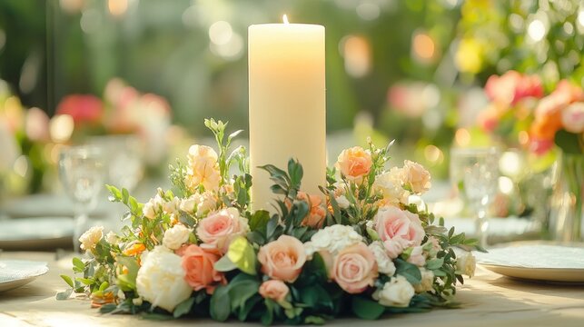 A beautifully set ceremonial table with a large decorative candle in the center, surrounded by flowers and greenery