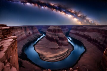A starry sky above a vast canyon with the stars reflecting off a winding river below, AI Generated