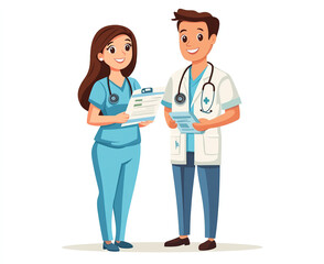 Fototapeta premium Female Nurse in Scrubs and Male Doctor with Stethoscope Holding Medical Records. High Definition Flat Cartoon Style Illustration Featuring Medical Professionals on White Background.