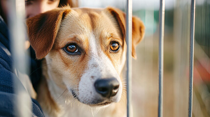 a volunteer comforting a sad-looking dog in a kennel at an adoption center