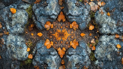 A kaleidoscope pattern created from the textures and colors of a forest floor, showcasing the beauty of nature's details.