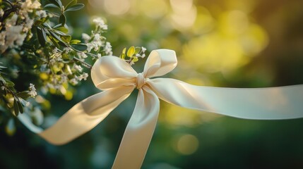 A close-up of a ceremonial ribbon tied in an intricate knot, against a softly blurred background of greenery