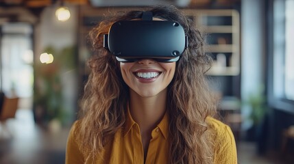 Smiling businesswoman in casual wear is wearing vr helmet