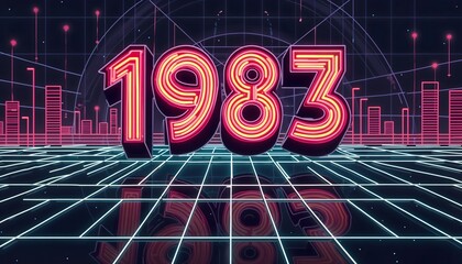A vibrant neon representation of the year 1983, with retro grid lines and a futuristic cityscape in an abstract digital style.