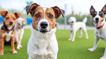 a diverse group of dogs in an outdoor play area of an adoption center, with some looking hopeful and others appearing downcast
