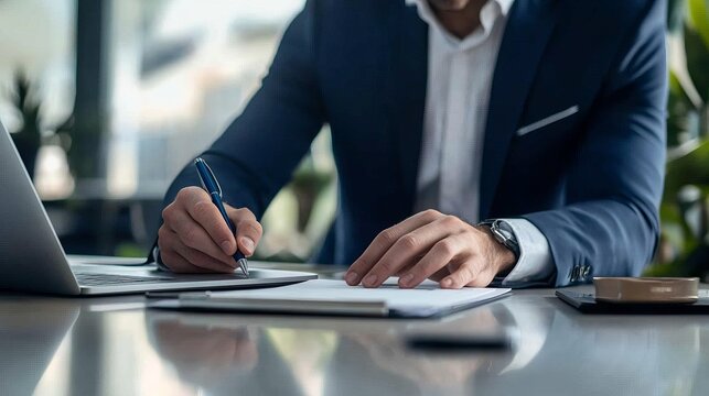 A businessman is signing a document at an office desk, which is equipped with a laptop and other office accessories, showcasing a professional and focused atmosphere.