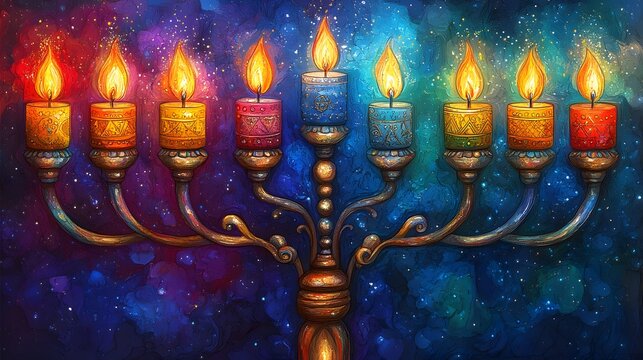 Whimsical designs of menorahs and dreidels with fun patterns, perfect for an interactive Hanukkah coloring book.