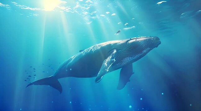 Humpback Whale Swimming Through Sunbeams in Golden Water