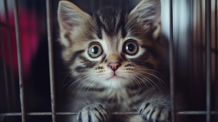 Rescued Kitten Seeking Comfort, Huddled in a Cage, Capturing a Heartwarming Moment of Vulnerability