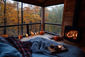 A charming cabin featuring a cozy bed with blankets, autumn decorations, candles, and a warm fireplace. The large windows reveal a beautiful view of the autumn forest.