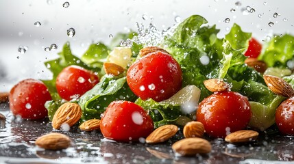 Fresh salad with cherry tomatoes, almonds, and lettuce being splashed with water.