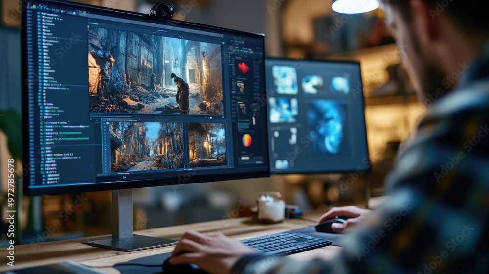 Poster a graphic designer editing a complex image on a computer screen, with a hand on a mouse and tablet -