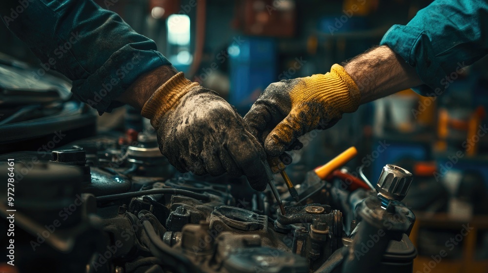 Poster a mechanic's hands fixing a car engine, with grease stains and an array of tools in the background