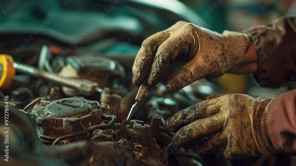 Poster a mechanic's hands fixing a car engine, with grease stains and an array of tools in the background