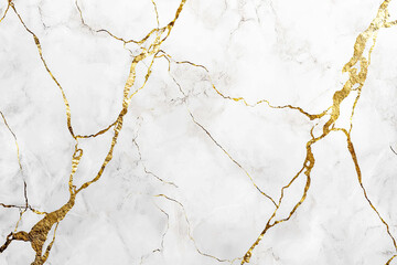 White marble texture background with a golden lines and veins pattern.