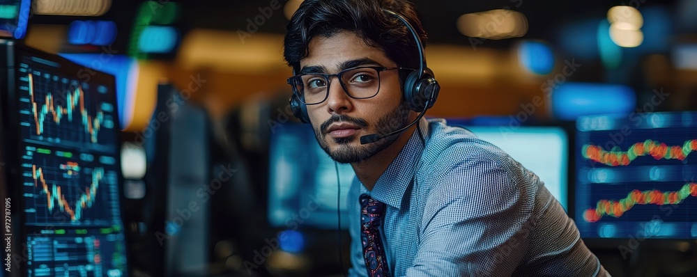 Poster confident indian stockbroker working in a busy trading environment with headsets and multiple screen