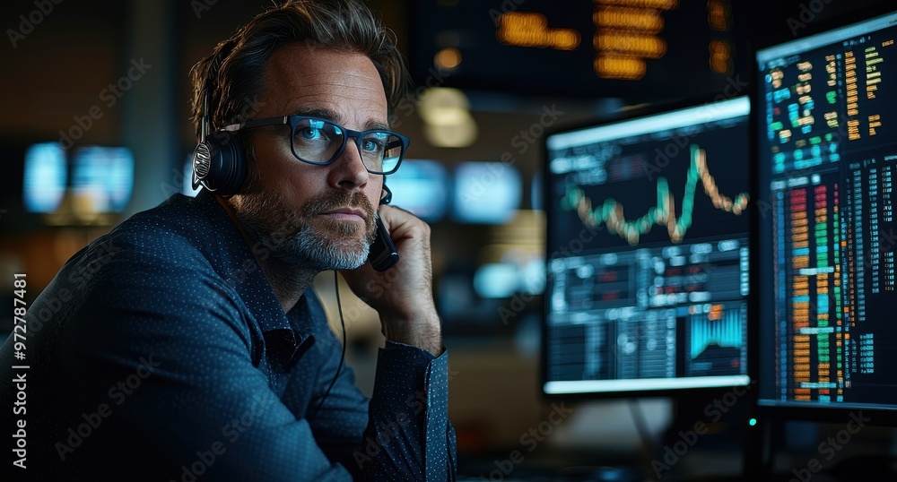 Aufkleber focused male trader with headset analyzing data on multiple screens in a busy stock market office