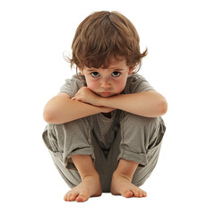 A child sitting cross-legged with a sad face, arms wrapped around their knees. isolated on...