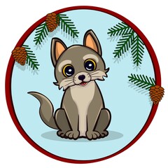 Little and sweet wolf cub on light blue background with round frame decorated with fir branches