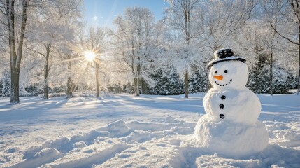 Obraz premium Bright winter day with a snowman and a blanket of fresh snow covering the ground.