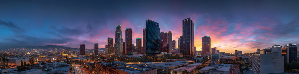 Modern cityscape of Los Angeles City with skyscrapers and highways, Los Angeles river in the background at dusk, illuminated by street lights. A Vincent Thomas bridge connecting two parts of downtown