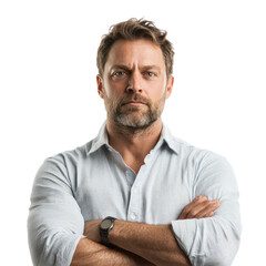 Fototapeta premium A man crossing his arms over his chest, chin raised slightly, exuding self-assurance. isolated on transparency background