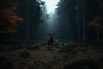 A majestic stag with large antlers stands alone in a misty forest surrounded by tall, dense trees, creating a mysterious and enchanting atmosphere.